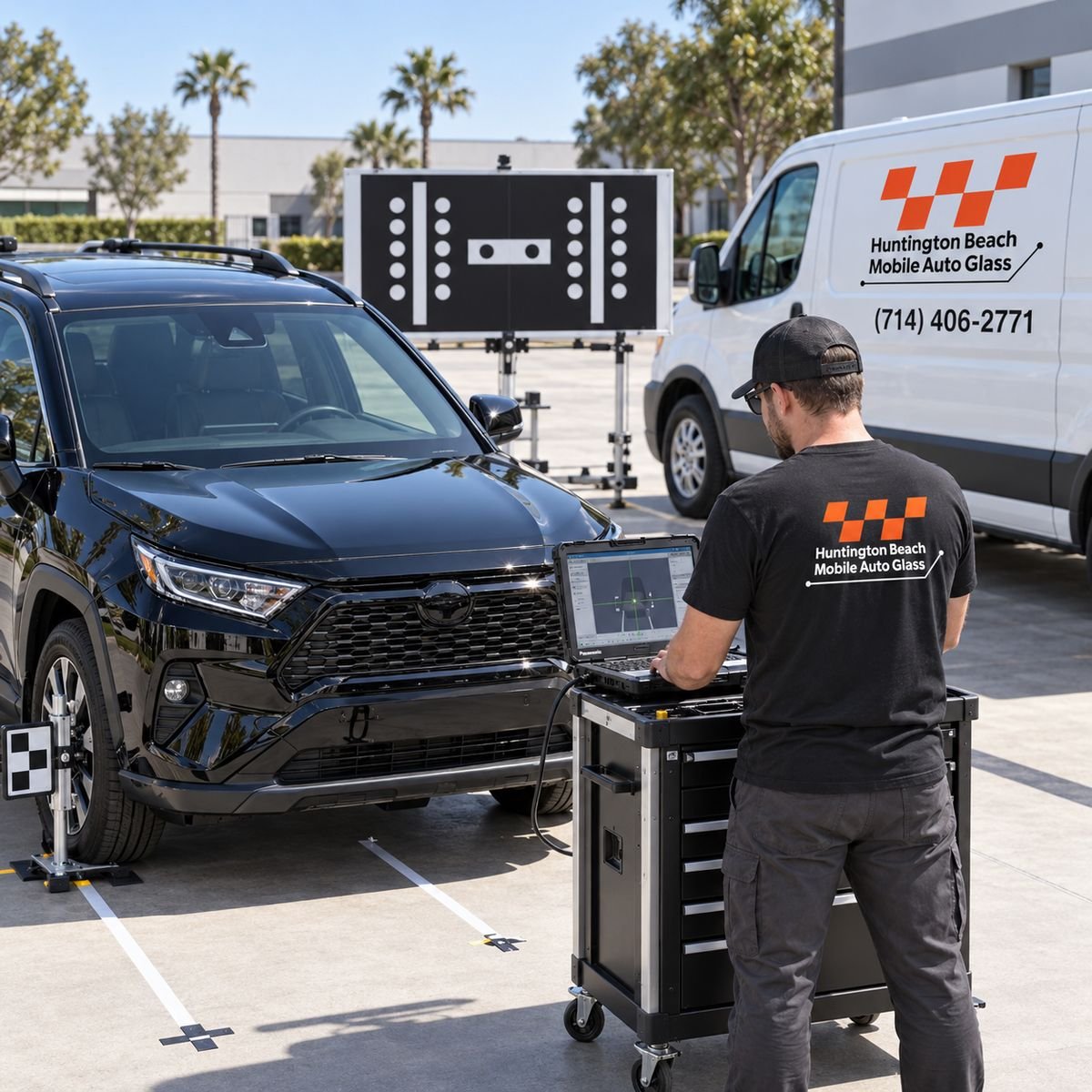 Huntington Beach Mobile Auto Glass technician running an ADAS calibration rig in front of a vehicle beside the branded service van