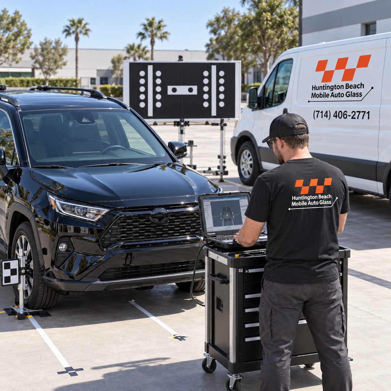 Huntington Beach Mobile Auto Glass technician running an ADAS camera calibration
