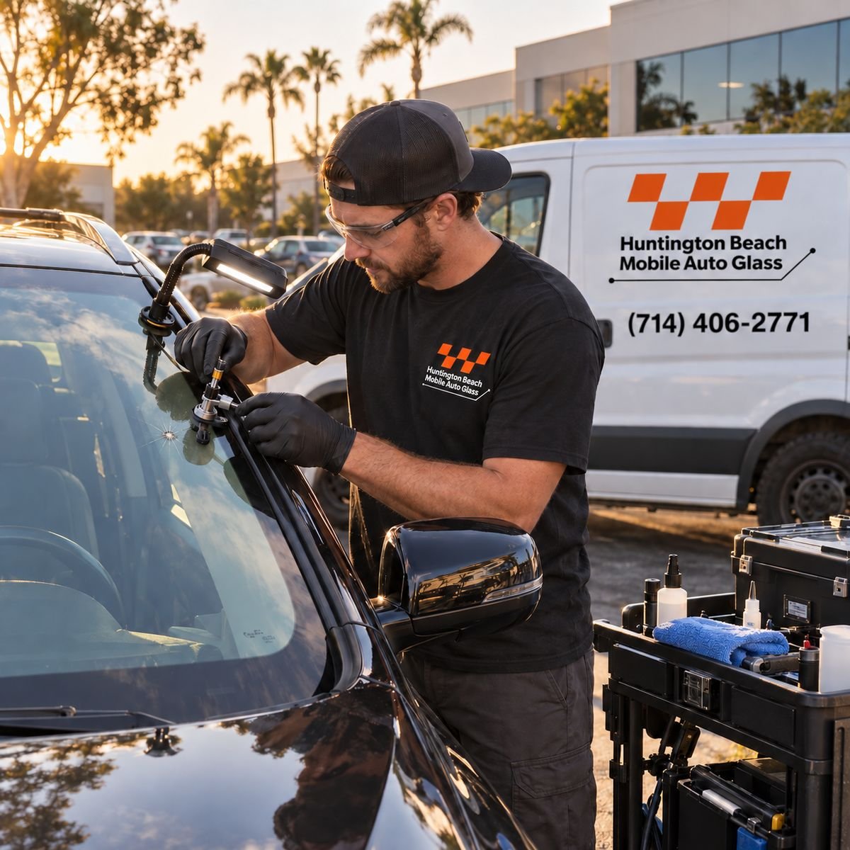 Huntington Beach Mobile Auto Glass technician performing auto glass repair beside the branded service van