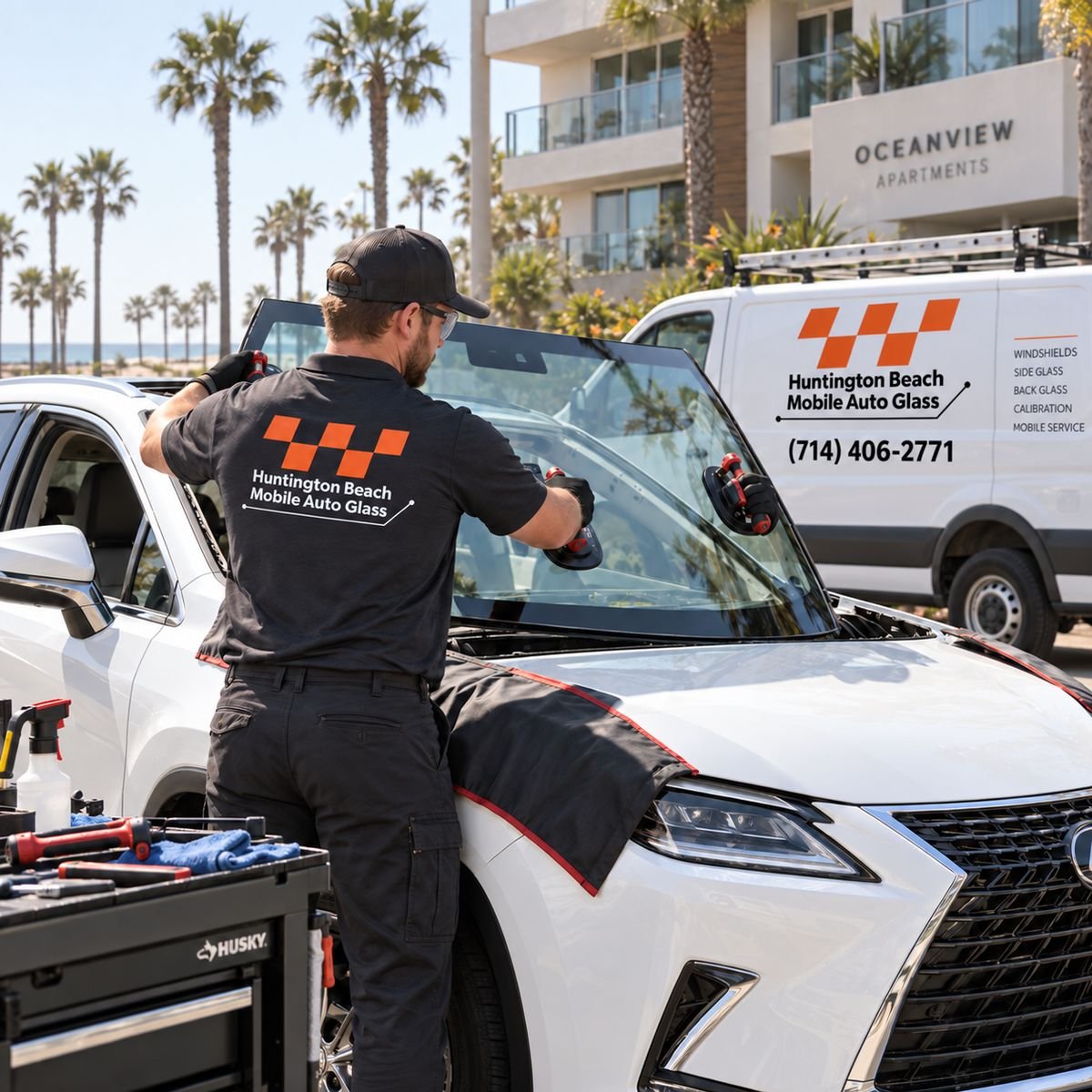 Huntington Beach Mobile Auto Glass technician performing auto glass replacement beside the branded service van