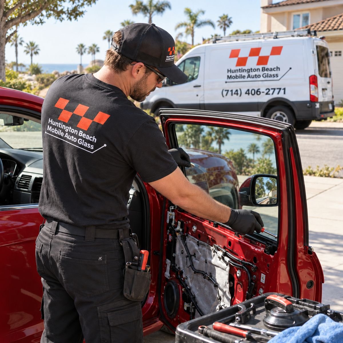 Huntington Beach Mobile Auto Glass technician performing car window replacement beside the branded service van