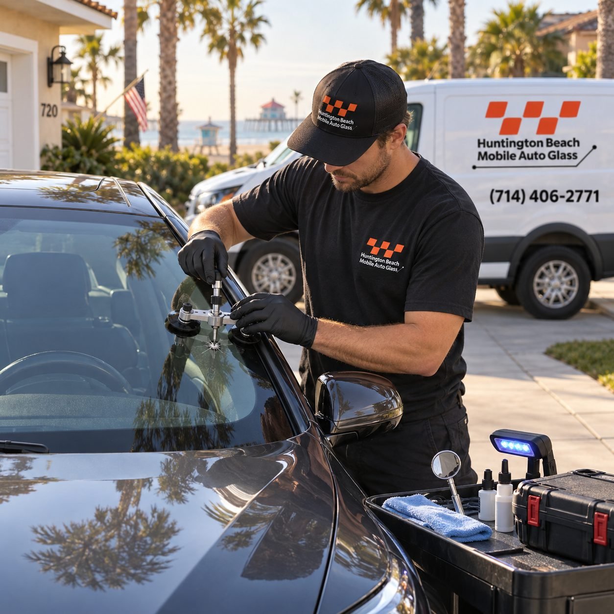 Huntington Beach Mobile Auto Glass technician working on a vehicle at a customer address