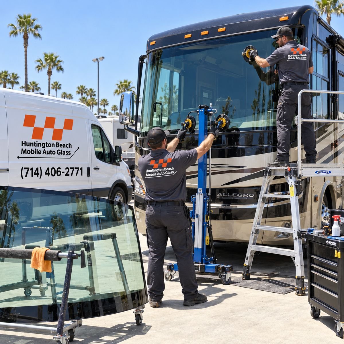 Huntington Beach Mobile Auto Glass technician performing rv glass repair and replacement beside the branded service van