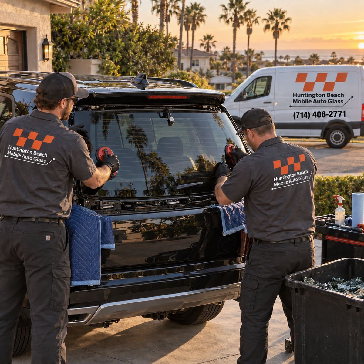 Huntington Beach Mobile Auto Glass technician performing rear glass replacement beside the branded service van