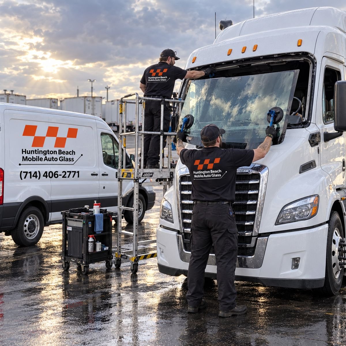 Huntington Beach Mobile Auto Glass technician performing semi-truck windshield repair and replacement beside the branded service van
