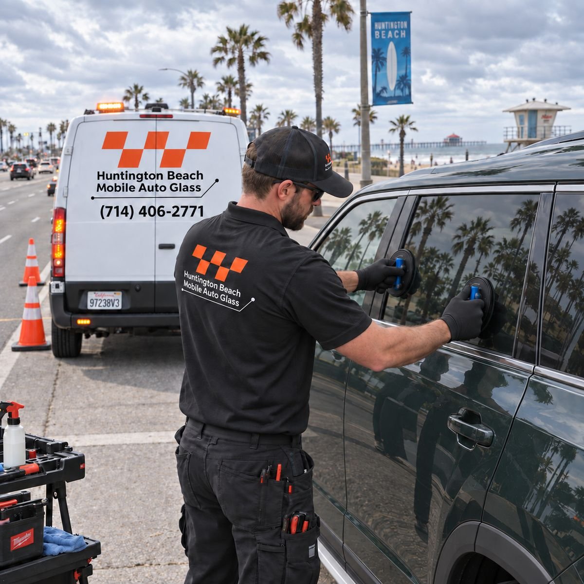 Huntington Beach Mobile Auto Glass technician performing side window replacement beside the branded service van