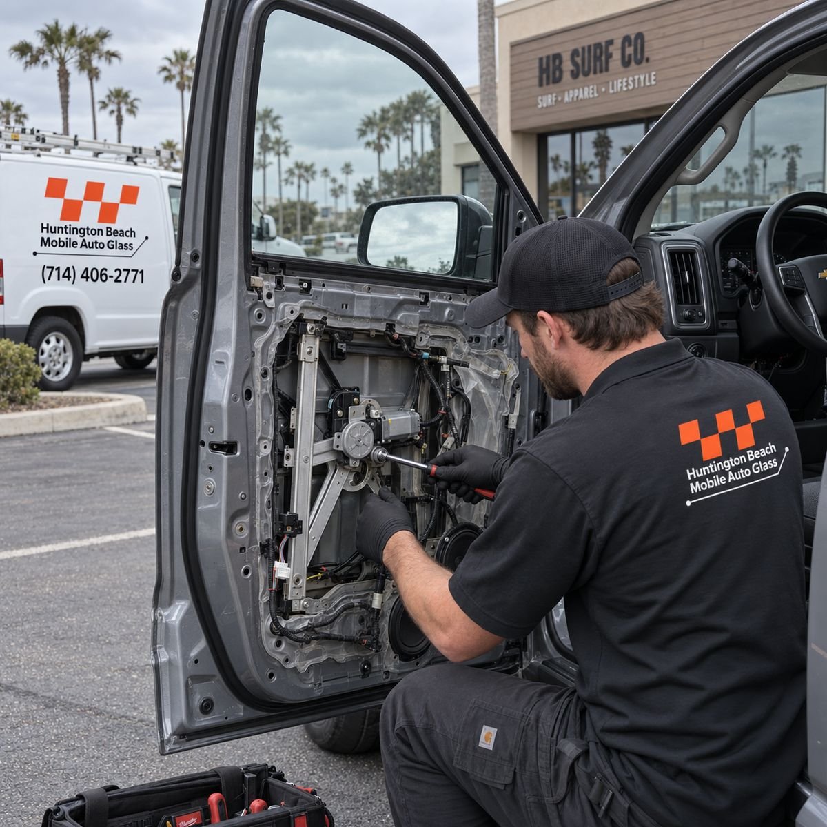 Huntington Beach Mobile Auto Glass technician performing window regulator repair beside the branded service van