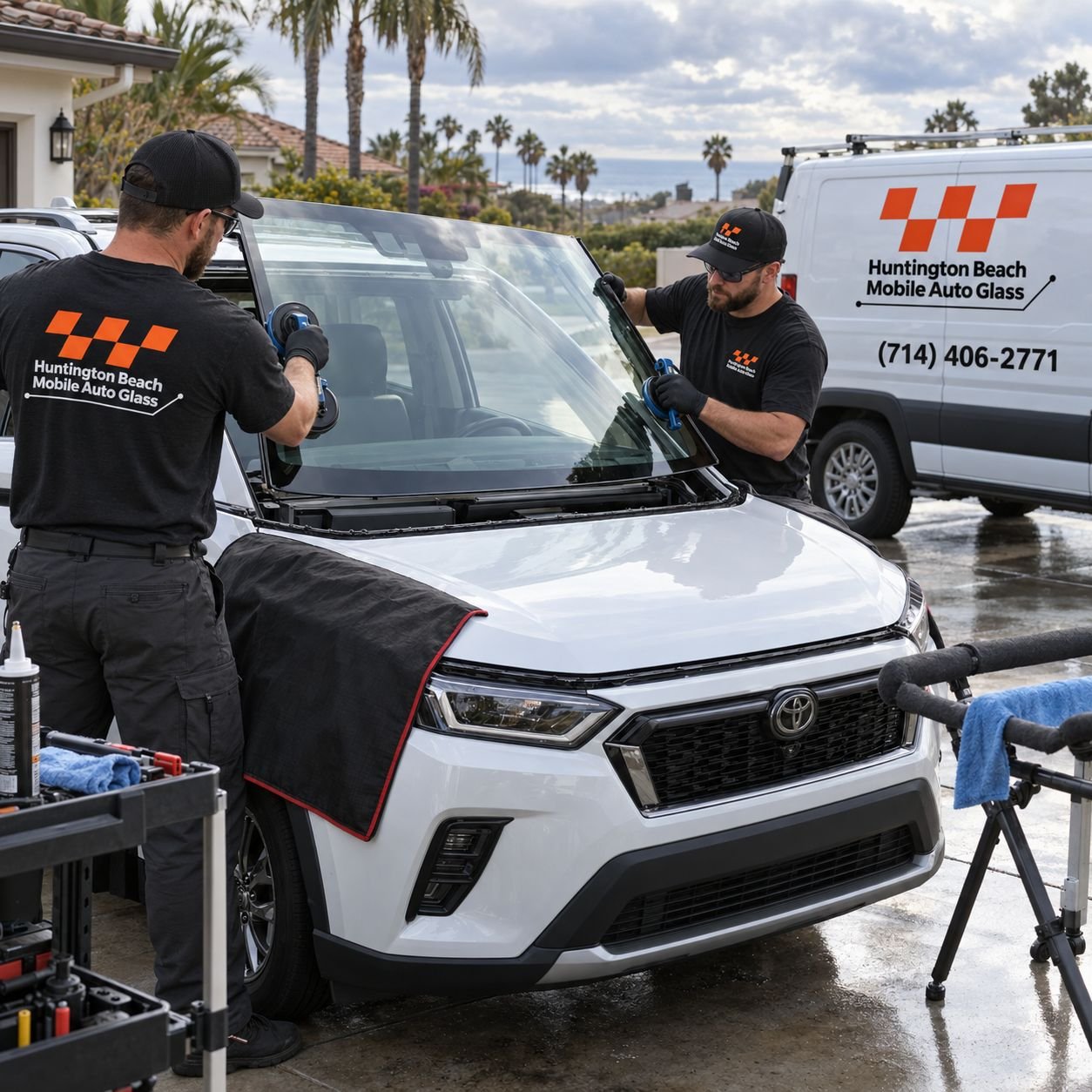 Two Huntington Beach Mobile Auto Glass technicians lifting a replacement windshield onto a white SUV beside the branded service van